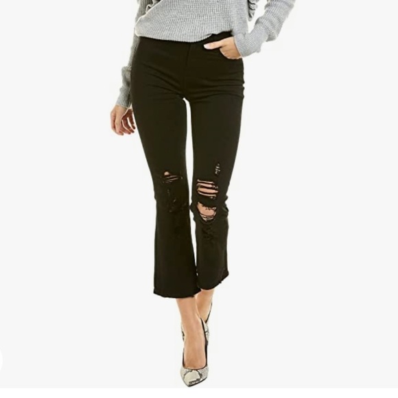7 For All Mankind Denim - 7 For All Mankind High Waist Flare Cropped Distressed Jeans in Pitch Black